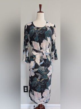 Kachel Giacinta Silk Midi Dress 100% Silk Tie Waist Side Slits Floral Multi Sz 4